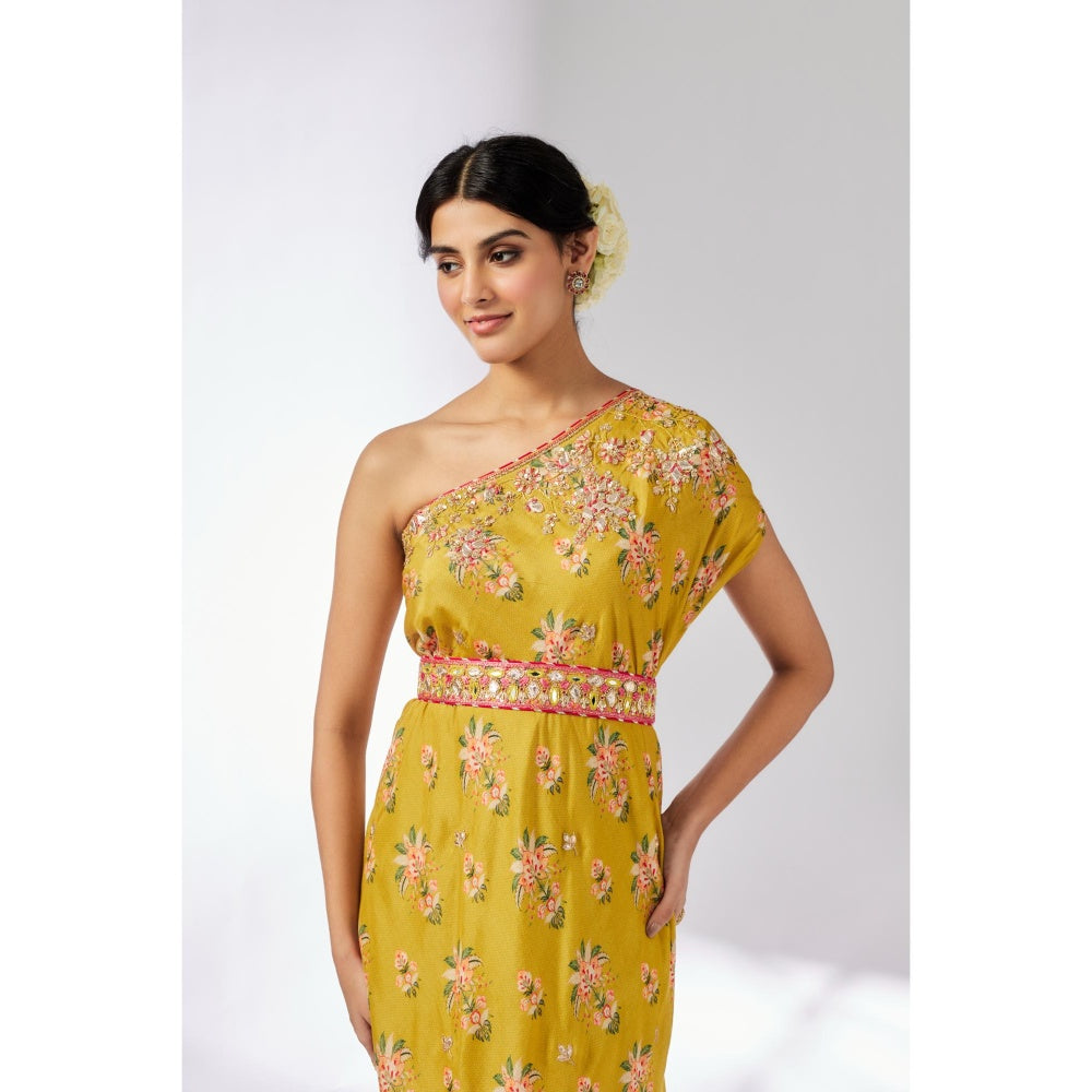 Gopi Vaid Mustard Zoya Midi Dress with Belt (Set of 2)