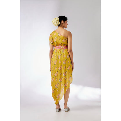 Gopi Vaid Mustard Zoya Midi Dress with Belt (Set of 2)