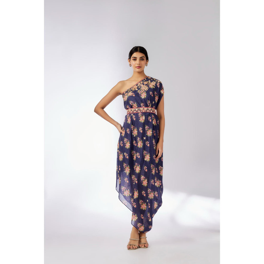 Gopi Vaid Navy Blue Zoya Midi Dress with Belt (Set of 2)