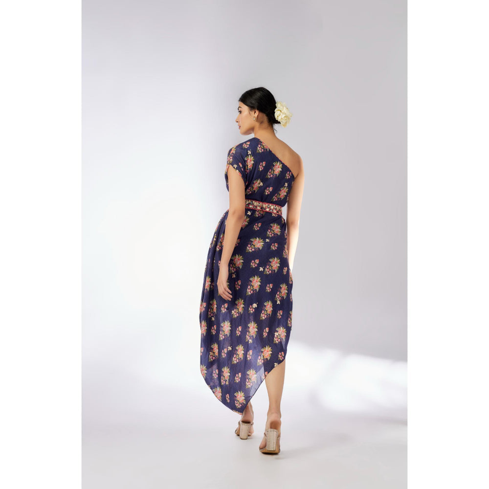 Gopi Vaid Navy Blue Zoya Midi Dress with Belt (Set of 2)