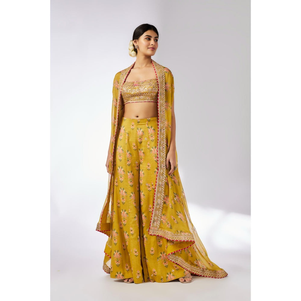 Gopi Vaid Mustard Jisha Bustier with Palazzo and Cape (Set of 3)