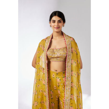Gopi Vaid Mustard Jisha Bustier with Palazzo and Cape (Set of 3)