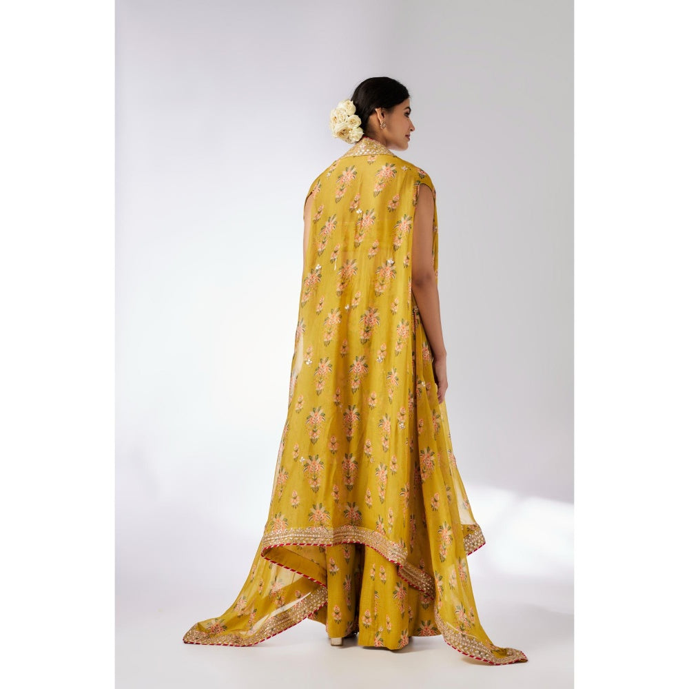 Gopi Vaid Mustard Jisha Bustier with Palazzo and Cape (Set of 3)