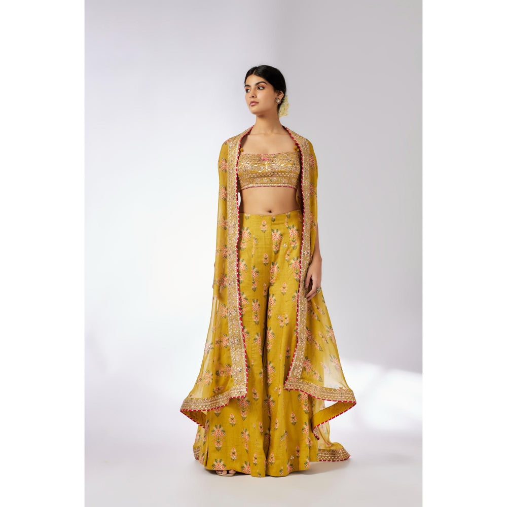 Gopi Vaid Mustard Jisha Bustier with Palazzo and Cape (Set of 3)