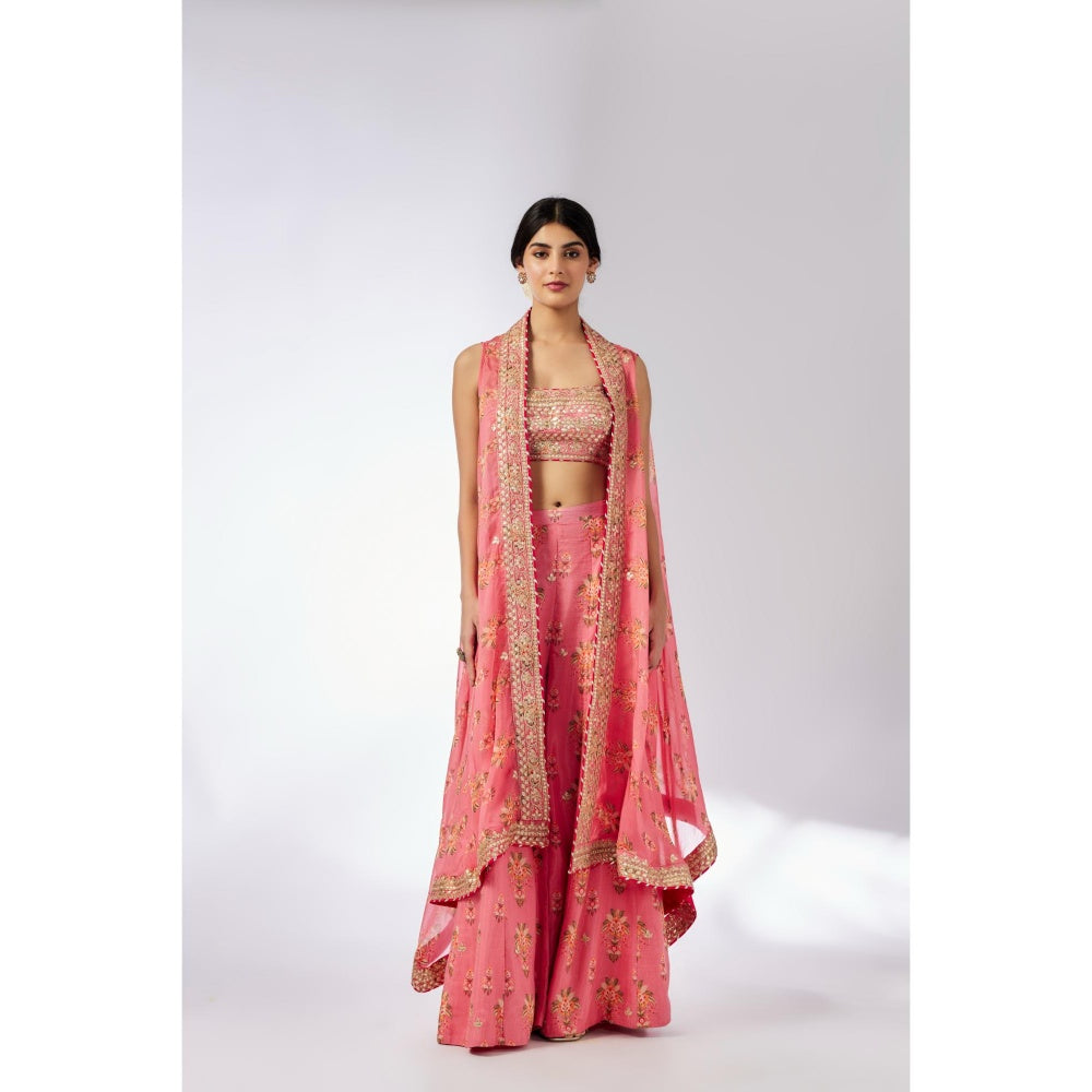 Gopi Vaid Pink Jisha Bustier with Palazzo and Cape (Set of 3)