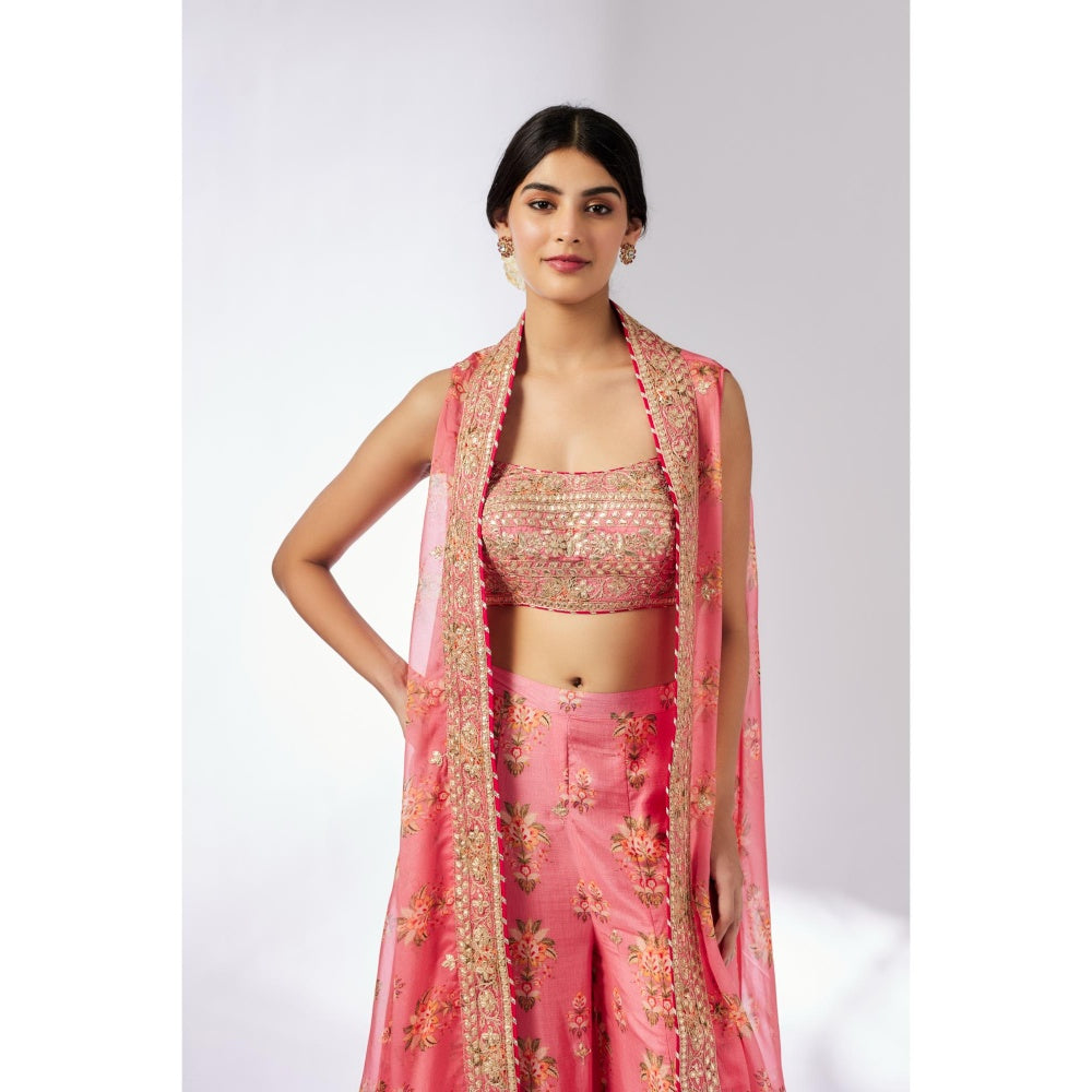 Gopi Vaid Pink Jisha Bustier with Palazzo and Cape (Set of 3)