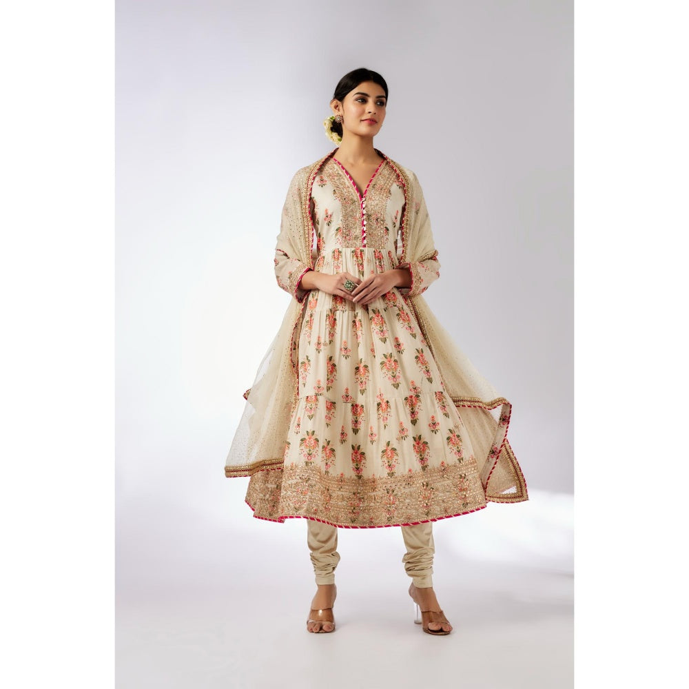 Gopi Vaid Ivory Joshna Tiered Anarkali with Churidar and Dupatta (Set of 3)