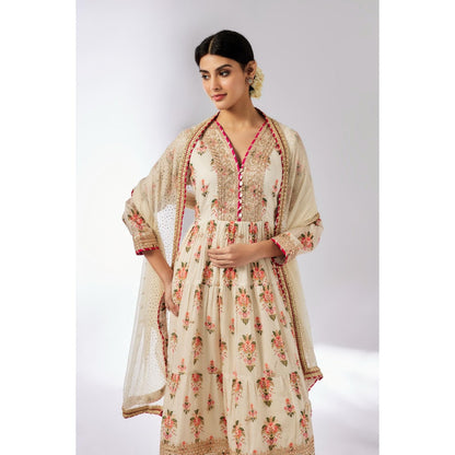 Gopi Vaid Ivory Joshna Tiered Anarkali with Churidar and Dupatta (Set of 3)