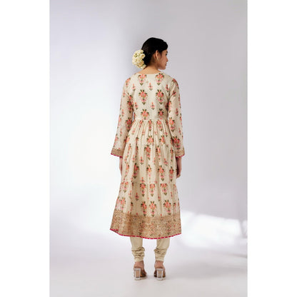 Gopi Vaid Ivory Joshna Tiered Anarkali with Churidar and Dupatta (Set of 3)