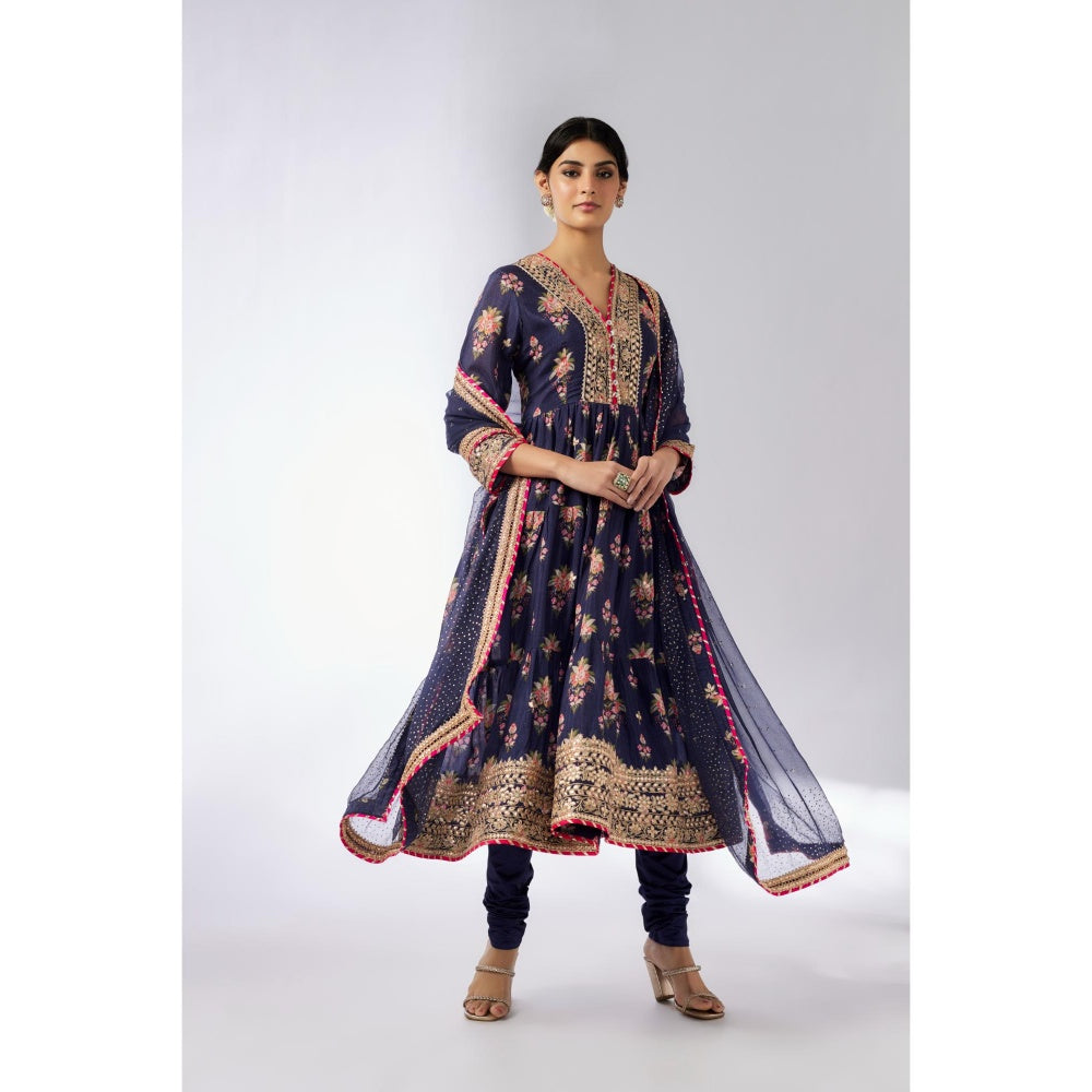 Gopi Vaid Navy Blue Joshna Tiered Anarkali with Churidar and Dupatta (Set of 3)
