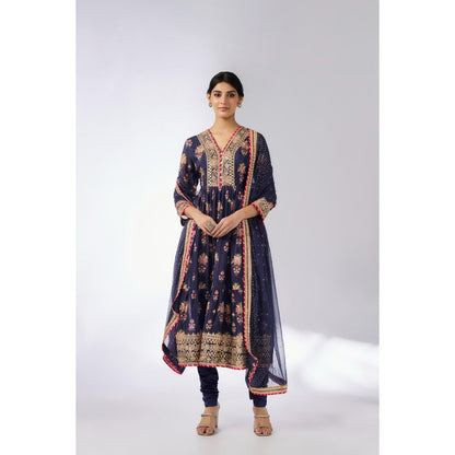 Gopi Vaid Navy Blue Joshna Tiered Anarkali with Churidar and Dupatta (Set of 3)