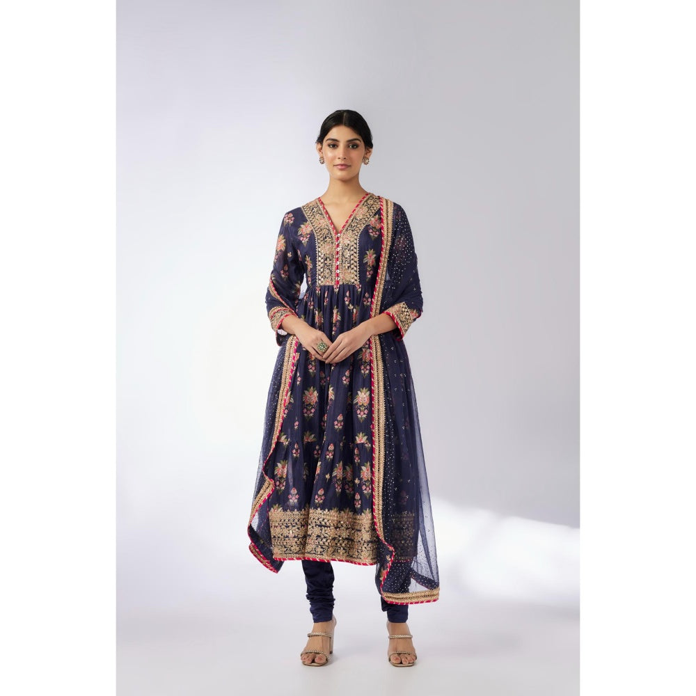 Gopi Vaid Navy Blue Joshna Tiered Anarkali with Churidar and Dupatta (Set of 3)
