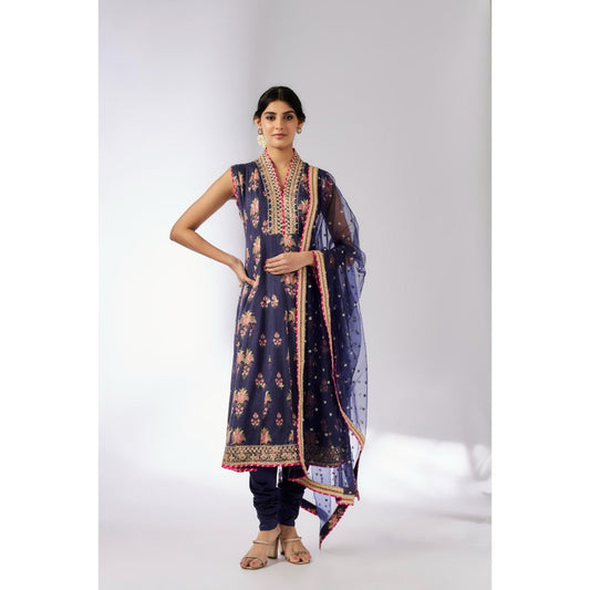 Gopi Vaid Navy Blue Madhuri Anarkali with Churidar and Dupatta (Set of 3)