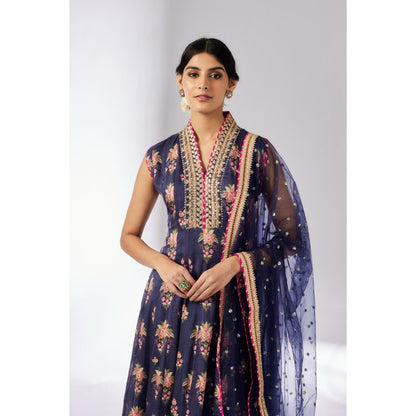 Gopi Vaid Navy Blue Madhuri Anarkali with Churidar and Dupatta (Set of 3)