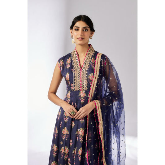 Gopi Vaid Navy Blue Madhuri Anarkali with Churidar and Dupatta (Set of 3)