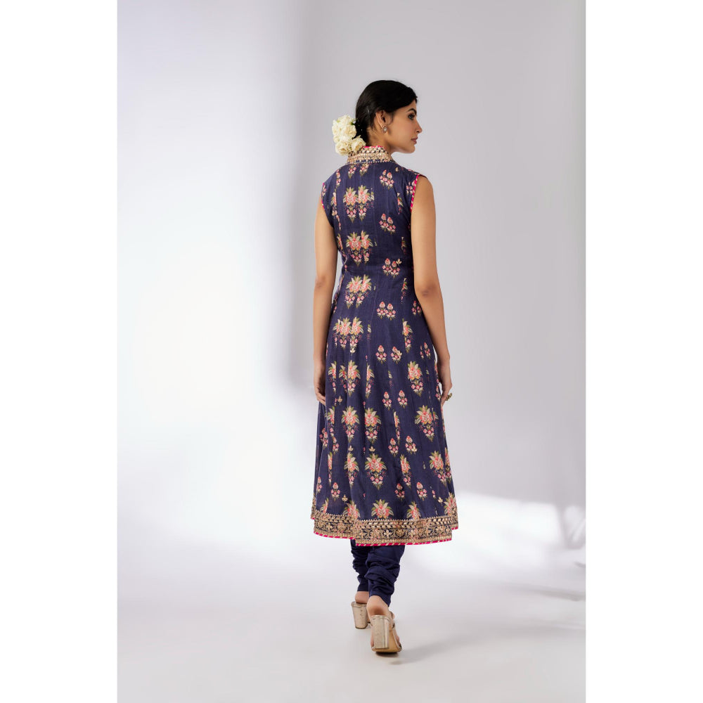 Gopi Vaid Navy Blue Madhuri Anarkali with Churidar and Dupatta (Set of 3)