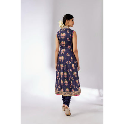 Gopi Vaid Navy Blue Madhuri Anarkali with Churidar and Dupatta (Set of 3)