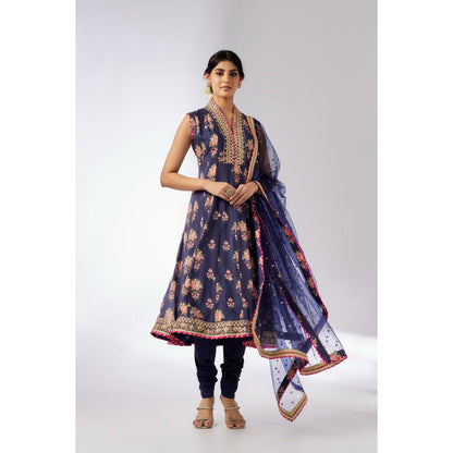 Gopi Vaid Navy Blue Madhuri Anarkali with Churidar and Dupatta (Set of 3)