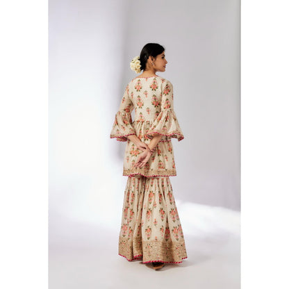 Gopi Vaid Ivory Prachi Peplum Kurta with Sharara and Dupatta (Set of 3)