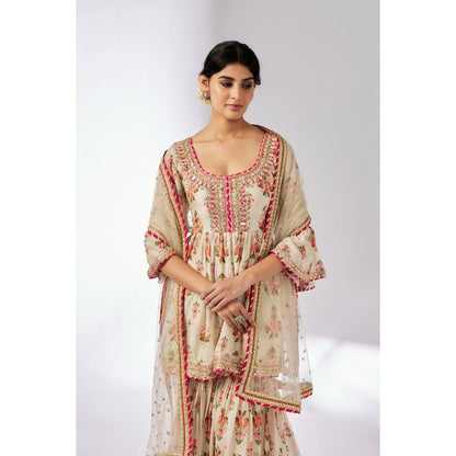 Gopi Vaid Ivory Prachi Peplum Kurta with Sharara and Dupatta (Set of 3)