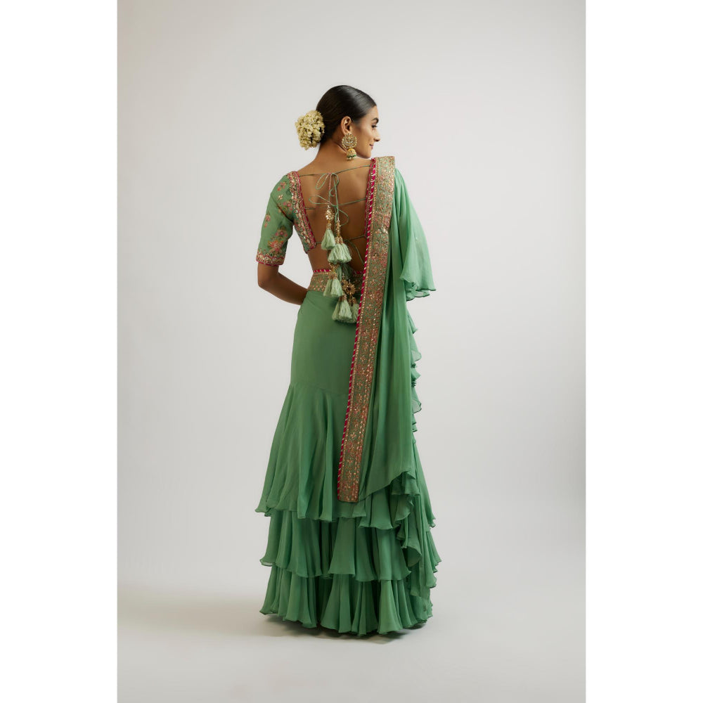 Gopi Vaid Green Shefali Saree with Stitched Blouse