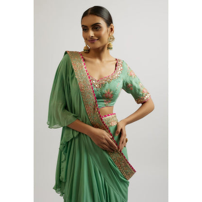 Gopi Vaid Green Shefali Saree with Stitched Blouse