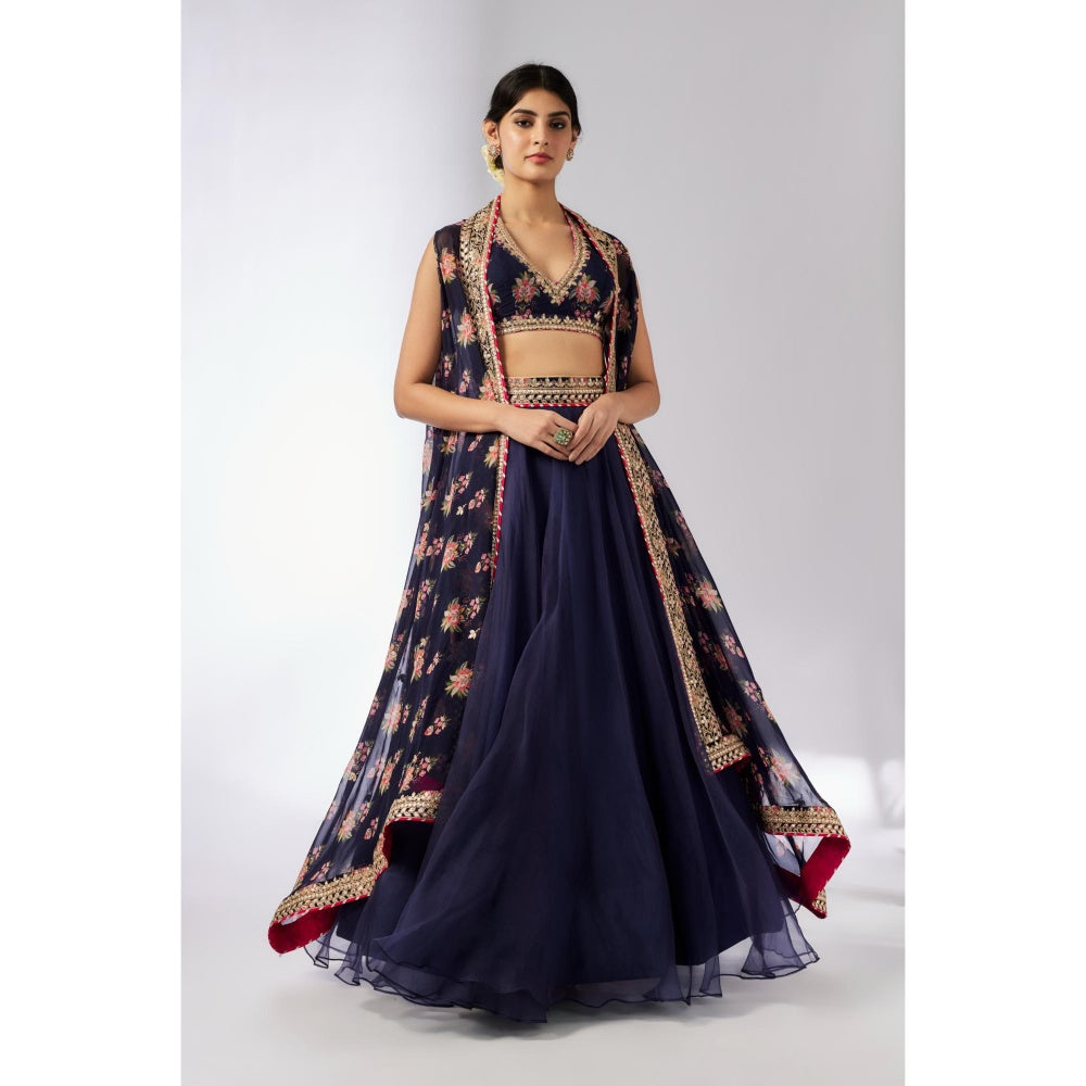 Gopi Vaid Navy Blue Mehar Lehenga with Blouse and Cape (Set of 3)