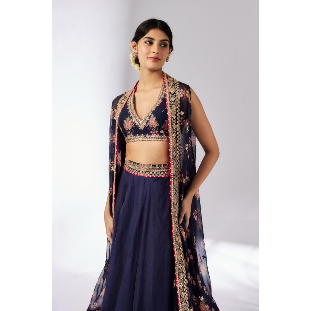 Gopi Vaid Navy Blue Mehar Lehenga with Blouse and Cape (Set of 3)
