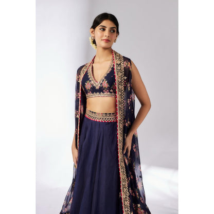 Gopi Vaid Navy Blue Mehar Lehenga with Blouse and Cape (Set of 3)