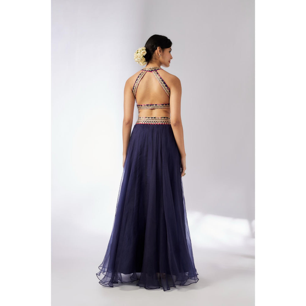 Gopi Vaid Navy Blue Mehar Lehenga with Blouse and Cape (Set of 3)