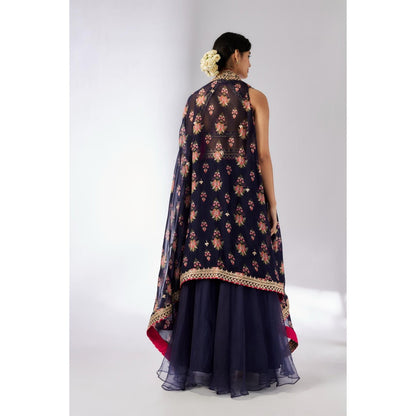 Gopi Vaid Navy Blue Mehar Lehenga with Blouse and Cape (Set of 3)