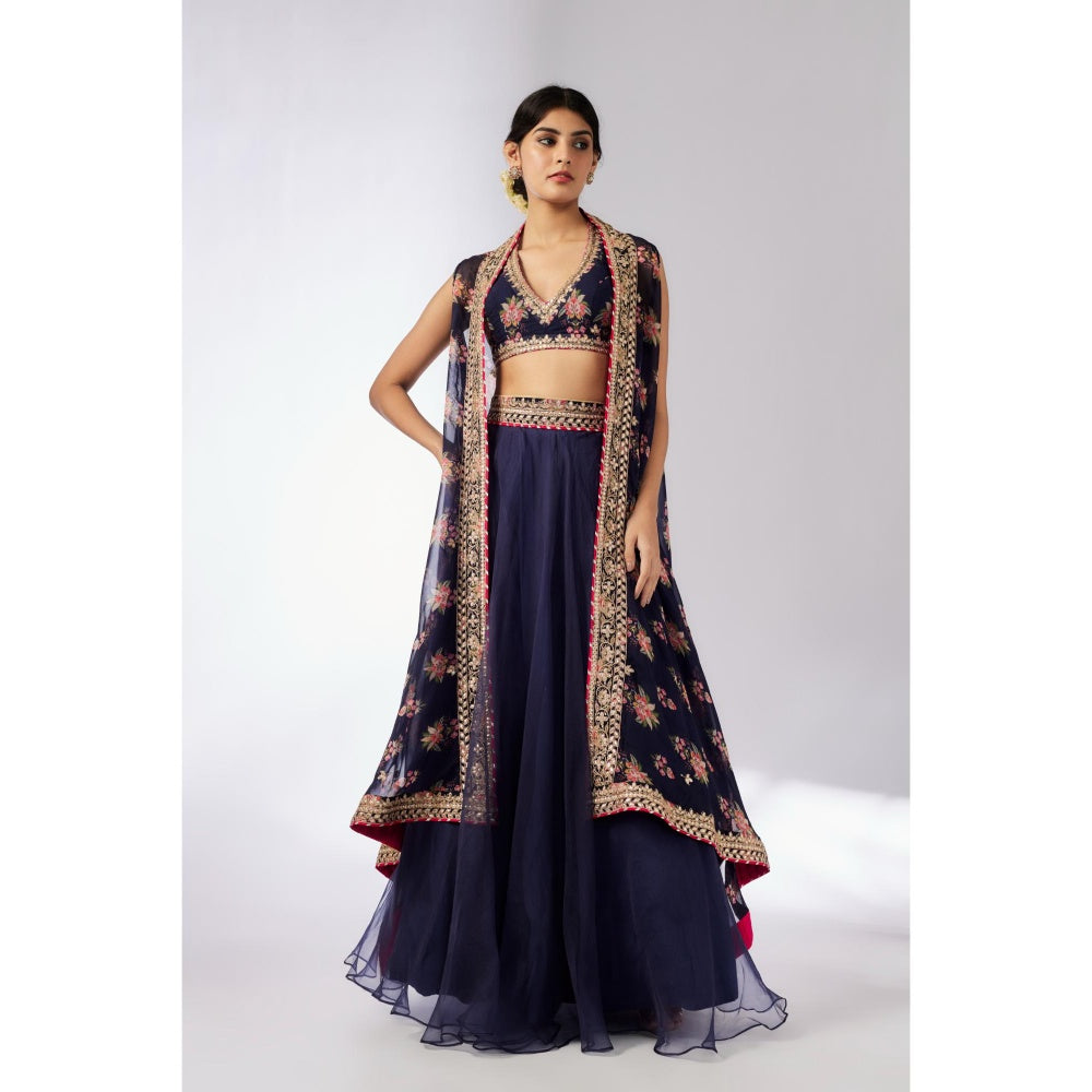 Gopi Vaid Navy Blue Mehar Lehenga with Blouse and Cape (Set of 3)