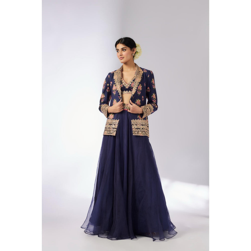 Gopi Vaid Navy Blue Unnati Lehenga with Blouse and Jacket (Set of 3)