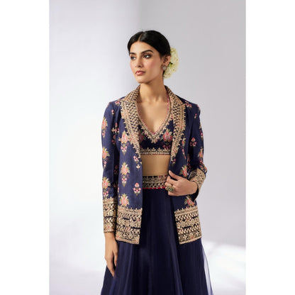 Gopi Vaid Navy Blue Unnati Lehenga with Blouse and Jacket (Set of 3)