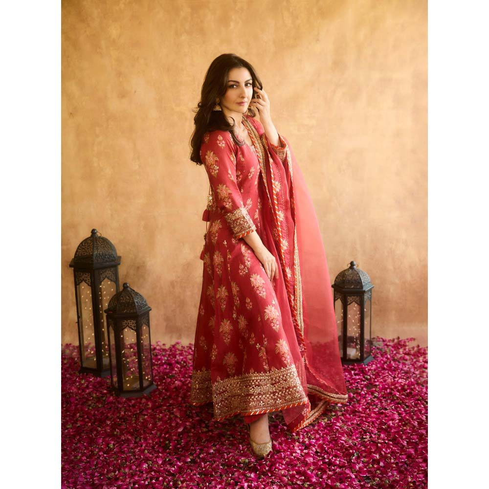 Gopi Vaid Red Soha Anarkali with Churidar and Dupatta (Set of 3)