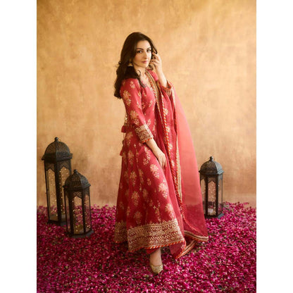 Gopi Vaid Red Soha Anarkali with Churidar and Dupatta (Set of 3)