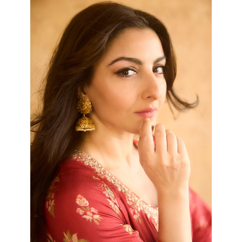 Gopi Vaid Red Soha Anarkali with Churidar and Dupatta (Set of 3)