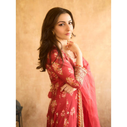 Gopi Vaid Red Soha Anarkali with Churidar and Dupatta (Set of 3)