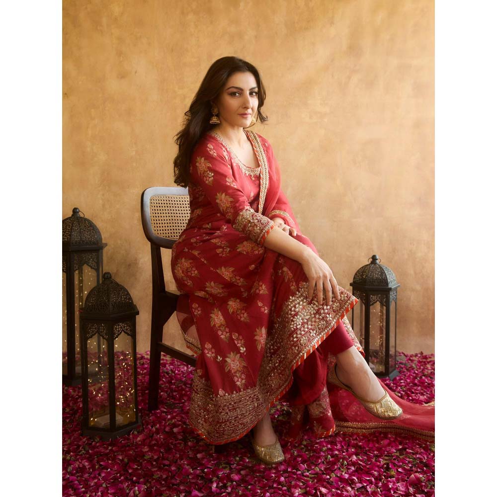 Gopi Vaid Red Soha Anarkali with Churidar and Dupatta (Set of 3)
