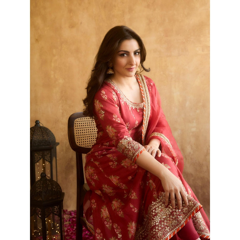 Gopi Vaid Red Soha Anarkali with Churidar and Dupatta (Set of 3)