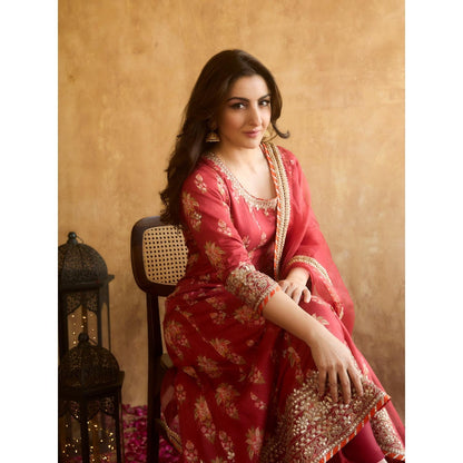 Gopi Vaid Red Soha Anarkali with Churidar and Dupatta (Set of 3)