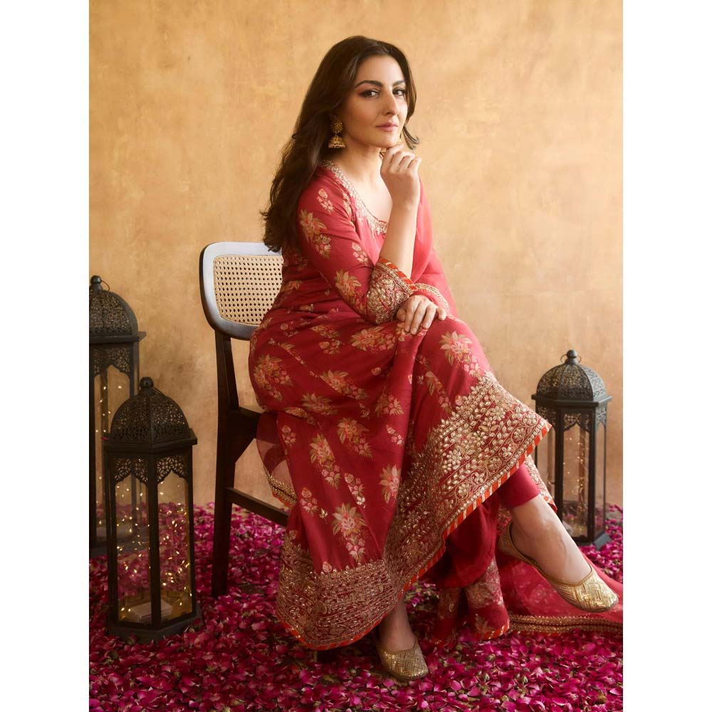 Gopi Vaid Red Soha Anarkali with Churidar and Dupatta (Set of 3)