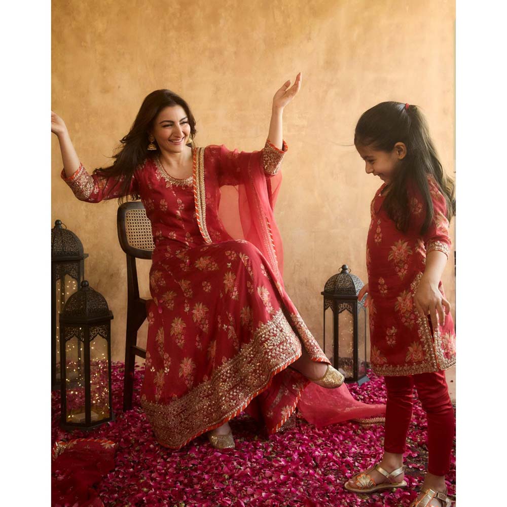 Gopi Vaid Red Soha Anarkali with Churidar and Dupatta (Set of 3)