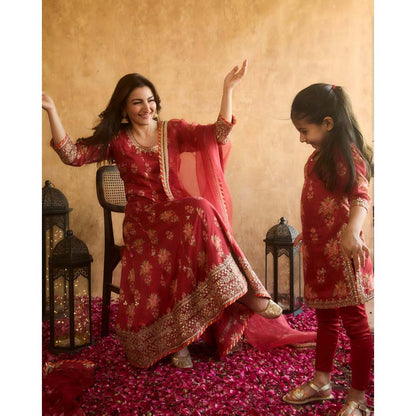 Gopi Vaid Red Soha Anarkali with Churidar and Dupatta (Set of 3)