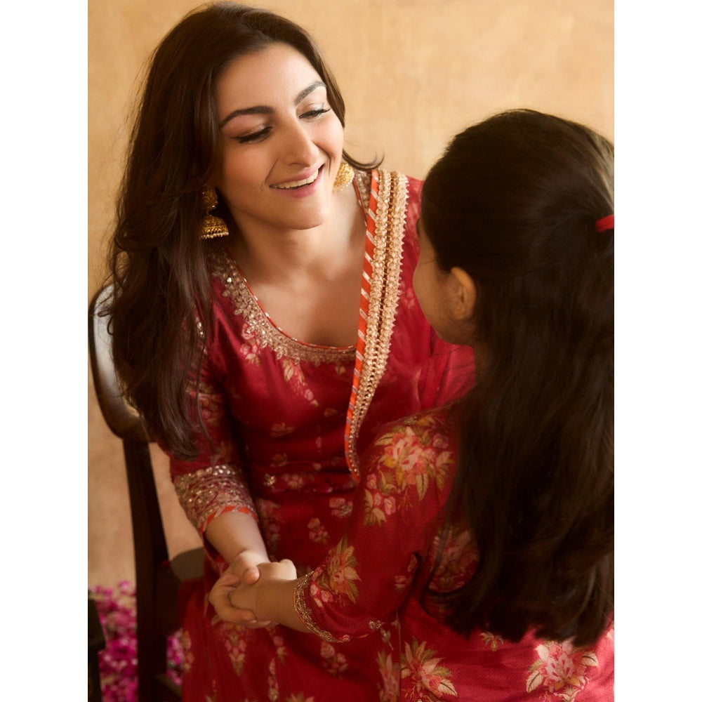 Gopi Vaid Red Soha Anarkali with Churidar and Dupatta (Set of 3)