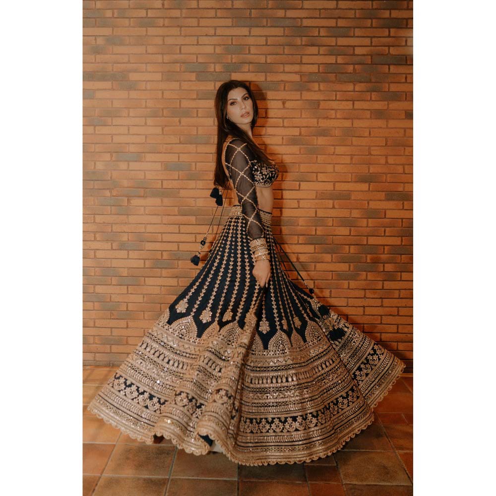 Gopi Vaid Navy Blue Elnaz Lehenga with Blouse (Set of 2)