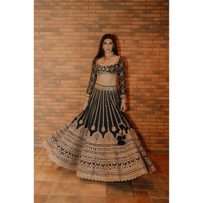Gopi Vaid Navy Blue Elnaz Lehenga with Blouse (Set of 2)