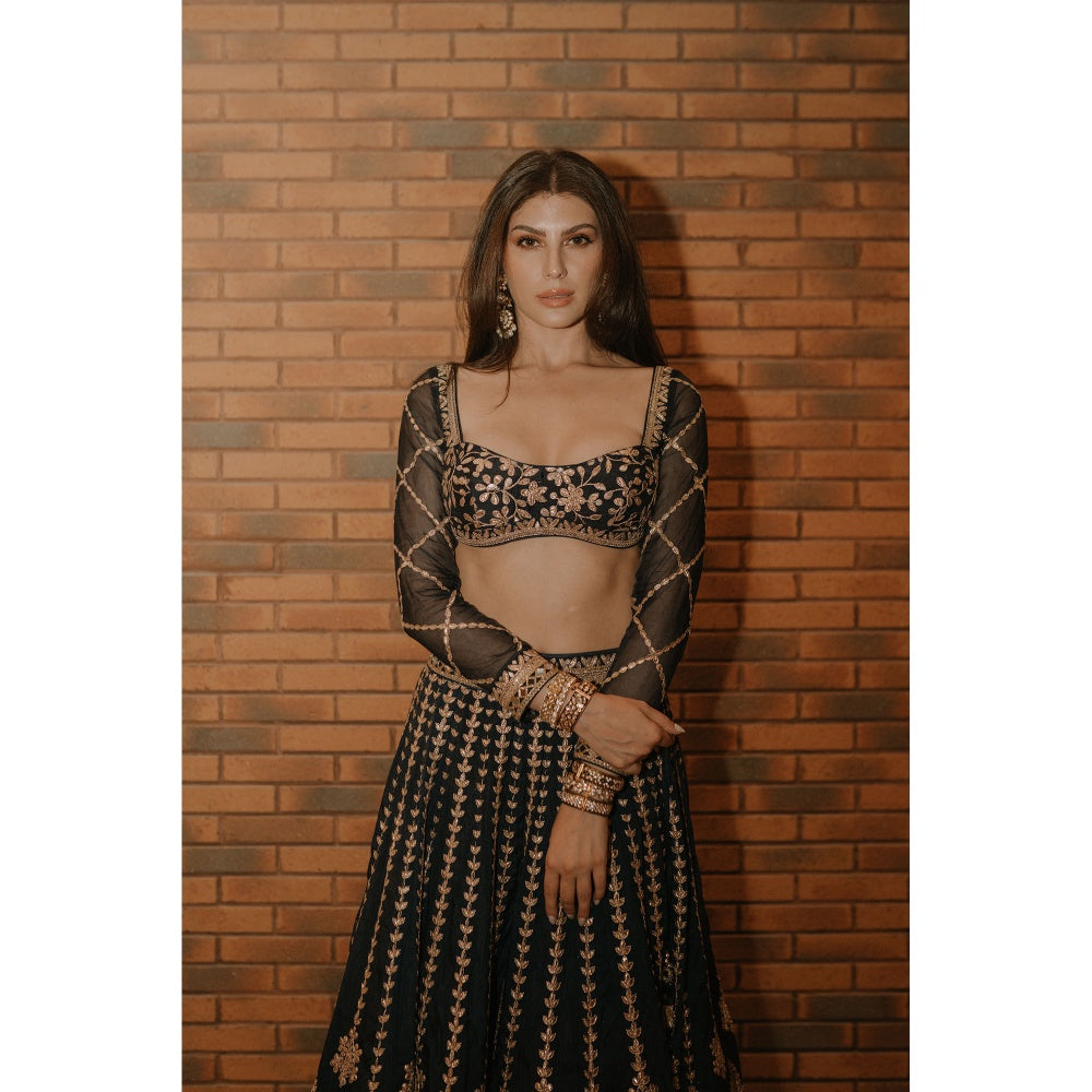 Gopi Vaid Navy Blue Elnaz Lehenga with Blouse (Set of 2)