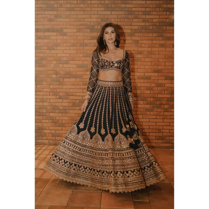 Gopi Vaid Navy Blue Elnaz Lehenga with Blouse (Set of 2)
