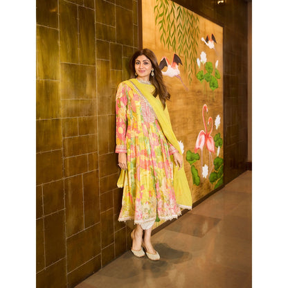 Gopi Vaid Yellow Nasreen Dhoti with Anarkali and Dupatta (Set of 3)